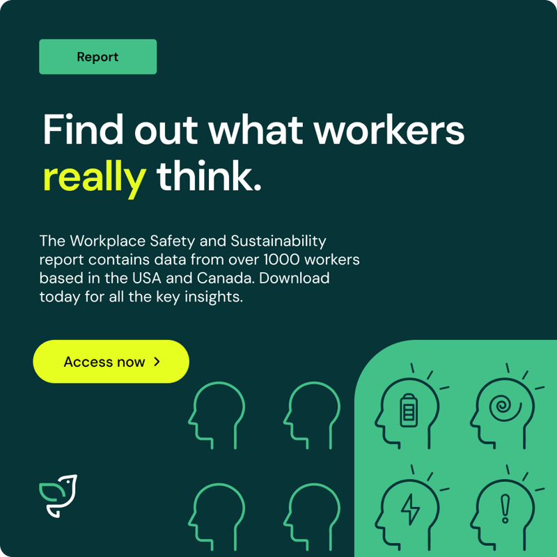 A green illustrated banner leading to a download page for the workplace safety and sustainability report.