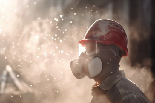 Worker wearing gasmask with cloud of dust in front of them